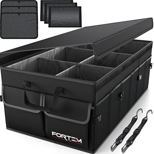 FORTEM Organisateur de Coffre Voiture, Rangement Pliable SUV Multi Compartiments, Accessoires Auto pour Femme Homme, Tissu Oxford 600D, Fond Antidérapant, Sangles de Fixation, Couvercle Souple (85L)