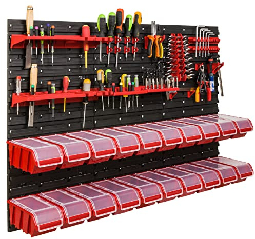 SimpleThing NPKL Système de stockage d'étagères d'atelier, 117 x 78 cm, étagère murale avec boîtes empilables, plaques murales extra solides, paroi perforée, étagère de rangement pour garage (2)