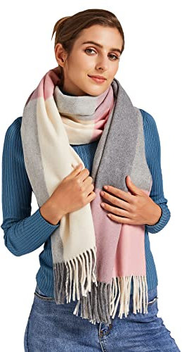 VaneriHome Damen Schal Wolle mit klassisches Karo Design und Quaste Winter dicke Deckenschal 70 x 190 cm, Grau Pink Beige
