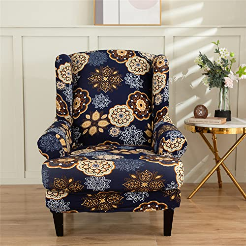 Highdi 2-Teilig Ohrensessel Bezug Sesselbezug Sesselüberwürfe Ohrensessel Überzug Klassisch Blumen Stretch Sesselhusse mit Armlehne für Ohrensessel, Relaxsessel, Fernsehsessel (Goldenes Mandala)