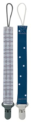 Nuby Pacifinder Baby Pacifier Clip - (2-Pack) - Pacifier Holder Clip with Convenient Hook Loop - Gray Plaid and Blue Stars