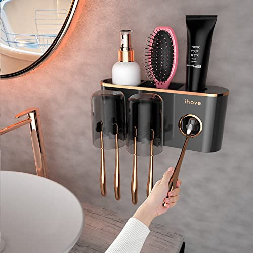 iHave Portaspazzolino Accessori da bagno con dispenser di dentifricio, 2 tazze portaspazzolino da parete decorazione per il bagno