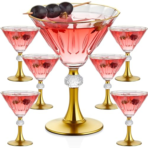 Juego de 4 vasos de martini para cóctel, margarita, cristalería de gran tamaño, barra de whisky de cristal, tallo grueso, dorado, único, vintage, elegante, vasos de gran tamaño, para fiesta de