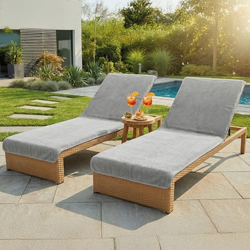 LAYNENBURG Lot de 2 Premium Housse de Protection pour Chaise Longue de Jardin - 100% Coton - Oeko-TEX - Housse de Serviette en éponge - Housse de Chaise Longue avec enveloppe (75x200 cm Gris)