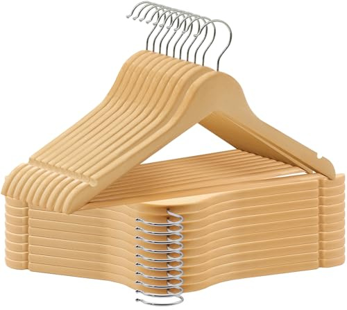 ABHENG Juego de 20 Percha de Madera Maciza, Muescas en Hombros, Robusta y Brillante Percha, Gancho Giratorio 360°, Barra Antideslizante para Pantalones, 44,5 x 23 cm (L x H),Natural,AWY0320N
