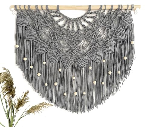 Youngeast Large Macrame Wall Hanging Boho Beaded Curtain for Window Macrame Bedroom Headboard Living Room Wall Art Tassel Tapestry Bohemian Woven Wall Decor 31 W X 25 H (Grey)