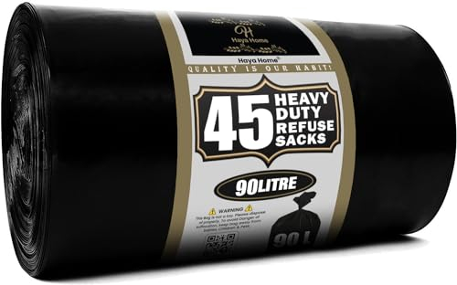 Haya Home 90L liter 45 Black Plastic Bin Bags Heavy Duty Bin Liners, Refuse Sacks Pack of 45 X 1 Heavy Duty Waste Dustbin Bags roll for Kitchen Home Office DIY Garden Made from 100% Recycled Material