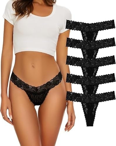 Evolyline Tanga dam, stringtrosa med spets, stringtrosor och stringtrosor för kvinnor, sexigt set, bomull, kalsonger, flerpack, spets, underkläder för kvinnor, Svart 6-pack, S
