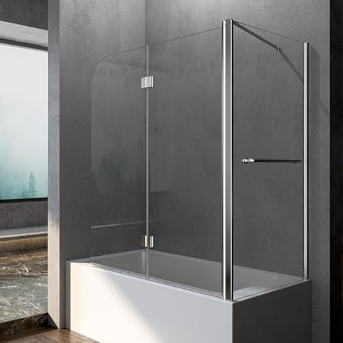 Badewannenfaltwand 2-teilig Duschwand für Badewanne mit seitenwand 75 cm x 120 cm x 140 cm Faltbar Badewannenabtrennung 6 mm Sicherheitsglas, NANO-Glas, mit Handtuchhalter