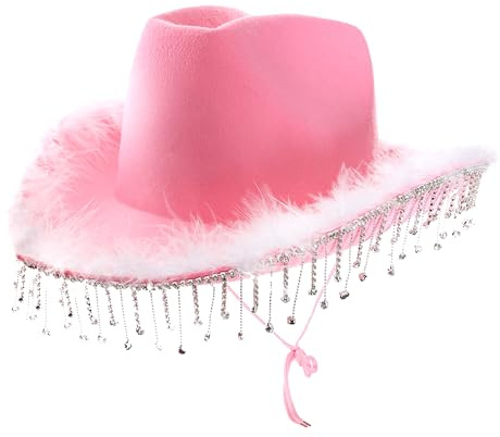 Cowgirl-Hut für Erwachsene, Diamantè & Marabu, 1 Stück, rosa Filz-Cowboyhut mit Marabu-Besatz und Diamant-Detaillierung, für Erwachsene, Federbesatz, Glitzer, glitzernd, Cowgirl-Hut, Western-Party