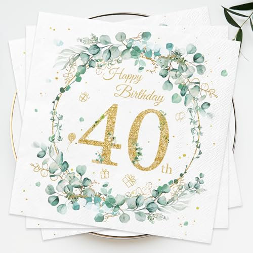40. Geburtstag Deko, Wentsent 40 Stück Servietten Eukalyptus Geburtstag Grün Gold, Happy Birthday Servietten Einweg Papierserviette für 40. Geburtstagsservietten Jubiläum Tischdeko Frau Mann