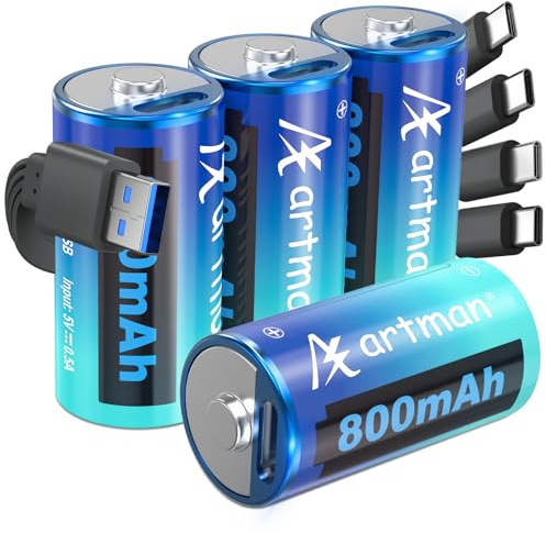 Artman CR123A Rechargeable Batteries 800mAh (4 Pack), 3V CR123A Lithium Battery with USB-C Fast Charging Cable, Compatible with Arlo Cameras, Flashlight(SureFire), Microphone