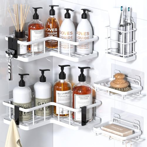 YASONIC Organizer per doccia ad angolo, confezione da 5 organizer per doccia con 4 ganci rimovibili e portasapone, ripiani per doccia antiruggine, senza foratura, grande organizer per doccia, colore