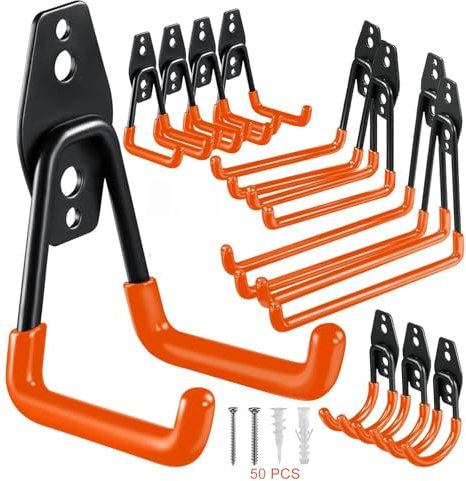 DSYZWEE Wandhaken Garage, 12 Stück Schwerlast Doppelhaken, Schwerlast Aufbewahrung Doppelhaken, für Werkzeuge, Fahrräder, Gartengeräte (Orange)