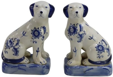 SYNWISH Handbemaltes Vintage-Porzellan, Blau und Weiß, 1 Paar sitzende Hunde, Statue, Sammlerstücke, Heimdekoration, Buchstützen, 19,1 cm H