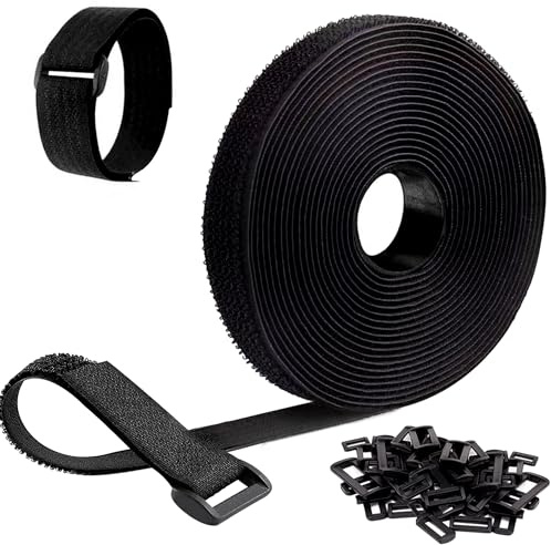 Rhimooay 12m x 2.5cm klettband kabelbinder wiederverschließbar, kabelbinder klett mit 60 schnalle, Freie Schnittlänge kabelbinder klettverschluss, klettkabelbinder für Kabel Organisieren, Schläuche