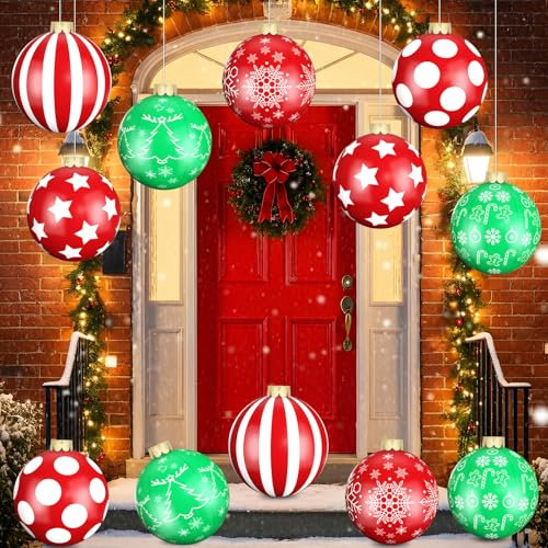 Flasoo 12 Pack Large Christmas Balls, 9 Inch Inflatable Christmas Ornaments for Outdoor Decoration, Big Christmas Ornaments Balls for Front Door Yard Tree Hanging Decoration