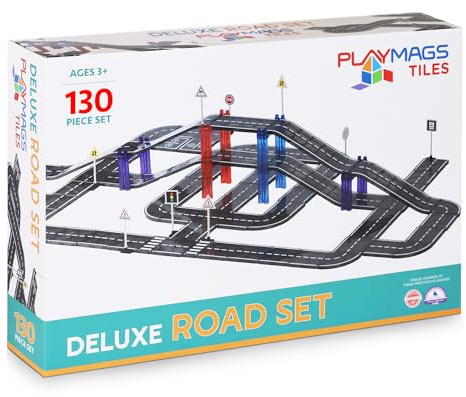 Playmags Magnetiska Plattor Road Set För Barn - 130-Delar Magnet Building Blocks Leksak - Hållbara Creative STEM Learning Toys Med Böjd Och Rak Bilbana För Barn I Åldrarna 3+