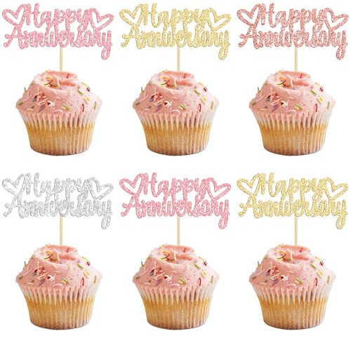 Gyufise 24Pcs Multicolour Glitter Happy Anniversary Cupcake Toppers - Wedding & Birthday Cake Decoration