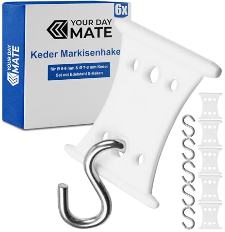 Markisenhaken für Kederschiene, 6 Pack, Weiß, für Kederleisten mit ∅5-6mm und ∅7-8mm, Set mit 6 x 45mm Edelstahl S-Haken, Haken Wohnwagen Vorzeltkeder, Kederhaken Camping Markise, Aufhänger Keder