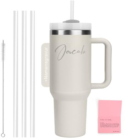 WALLFID 40oz Edelstahl Thermobecher, personalisierbar mit individuellem Namensaufdruck, vakuumisoliert mit Deckel, inkl. 3 Strohhalmen & Reinigungsbürste (Cremefarben)