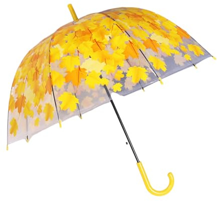 DAYnagh Transparenter Regenschirm mit Blättern, winddichter Stockschirm, durchsichtiger Blasenschirm, Kuppel, Vogelkäfig, für Kinder, Studenten, Frauen, gelb, Blatt