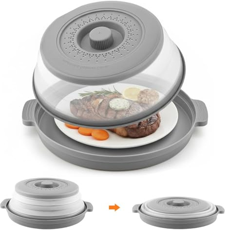 10.7-Inch Microwave Splatter Guard – Foldable Food Cover with Heat-Resistant Base & Ventilated Lid, Dual-Use Plate Stand and Kitchen Strainer