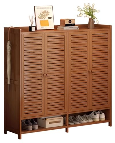 MARIYCH Zapatero Grande de 120 cm con 4 Puertas y Compartimento Inferior, Organizador de Zapatos de Madera de Estilo rústico de 8 Niveles para Entrada y Pasillo, Color Nogal