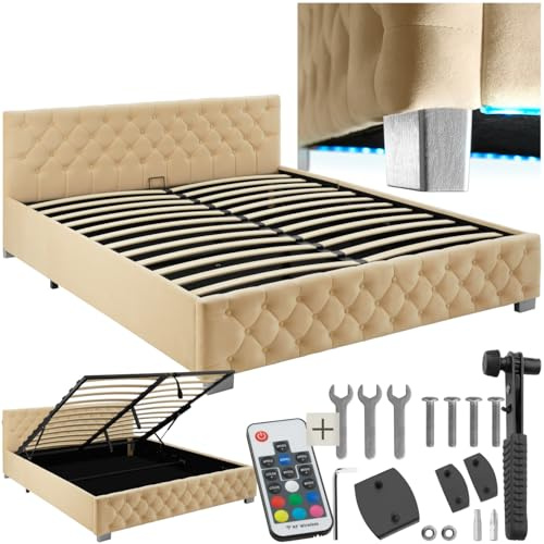 tectake® Letto Matrimoniale Imbottito con Rete a Doghe, Letto Contenitore Matrimoniale e Illuminazione LED, Struttura in Acciaio, Velluto Trapuntato Chesterfield, con Telecomando, 180x200 cm - Beige