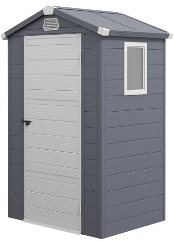 Outsunny 4 x 3ft Plastic Shed with Foundation Kit, All Weather Resistant Resin Outdoor Garden Shed with Vents, Apex Roof and Lockable Door for Patio Lawn, Grey