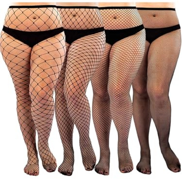 Sksshion Women's 4 Pairs Plus Size Fishnet Tights Stockings High Waist Suspender Pantyhose Black One Size
