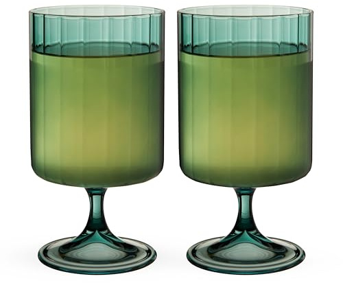 Twine Malachite Stemmed Optic Goblet Tumblers, Vintage Ribbed Drinking Glasses for Cocktails, Wine, Juice, Iced Coffee, Elegant Glassware, Home Bar Accessories, 12 oz, Set of 2, Green