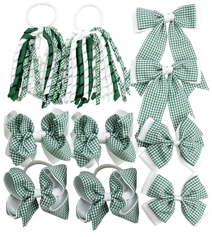 Umibow 10 st Gingham skolhåraccessoarer set uniform hårrosett klämmor tillbaka till skolan rutiga hårband gingham lockigt hår rosetter rosett hårspännen hästsvans hållare för flickor (grön)