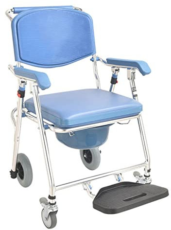 PLMNBQWE Commode Chair Toilet Wheelchair - Aluminium Shower Commode Chair with Detachable Bucket - for Elderly Seniors Disabled Pregnancy Comfort - Bedside Com