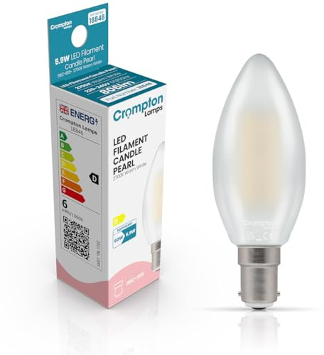 Crompton Lamps Filament Candle LED Light Bulb SBC-B15d | 5.9W = 60W Equivalent | Warm White 2700K | Energy Efficient | Small Bayonet Lightbulb | Long Life 15,000-Hrs | Pearl Glass | Dimmable