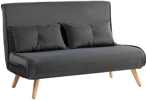 HOMCOM Schlafsofa 3 in 1 2 Sitzer Sofa mit Schlaffunktion, 190 x 120 cm Klappbar Couch Schlafcouch mit 5-stufig Verstellbarer Rückenlehne, Lendenkissen und Samtoptik für Wohnzimmer, Dunkelgrau