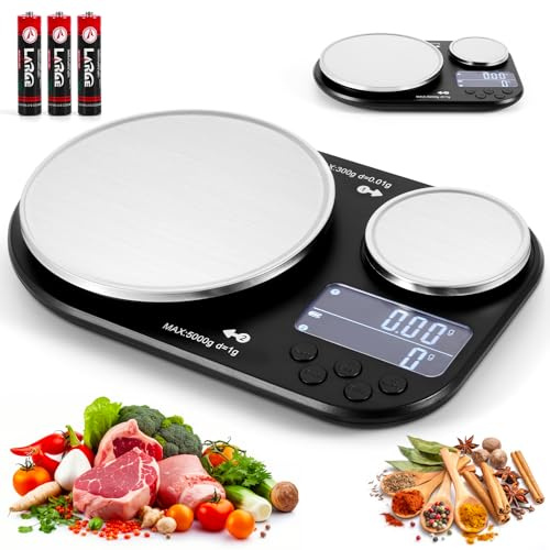 Viitech Bilancia da cucina con doppia piattaforma, 5 kg/1 g e 300 g/0,01 g, 3 batterie AA (incluse), bilancia digitale con casseruola in acciaio inox per cucinare e mangiare