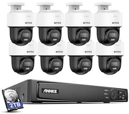 ANNKE 3K Security PoE NVR CCTV Camera System, 16 Channel 12MP H.265+ NVR with 2TB HDD, 8x 5MP Bullet-PTZ Cam with 345° Pan 80°Tilt, Two Way Talk, Colour Night Vision, AI Human Detection,24/7 Recording