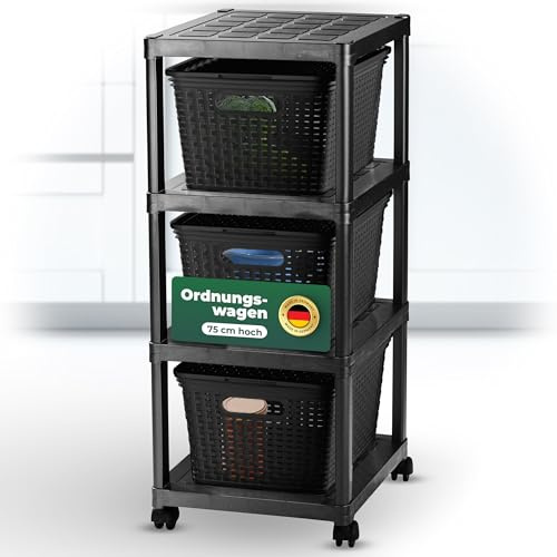 Novaliv Rollwagen 4 Etagen mit 3x Rattankorb & Deckel Schwarz, Badezimmer-Regal Badregal Bad Küche Ordnungswagen Beistellwagen Allzweckwagen Putzwagen Lager Ordnungswagen Aufbewahrung Organizer