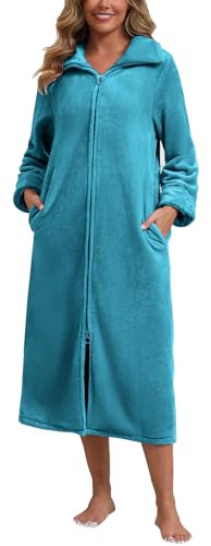 Rubehoow Accappatoio da donna in pile morbido e caldo cappotto di casa peluche flanella cerniera accappatoio con tasche per l'inverno, Turchese, XL