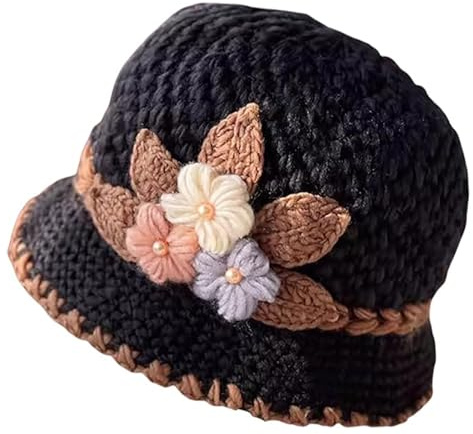 Muorruo French Thicken Damen Blumen Strick-mütze Modische Beanie-Mütze Lady Häkel-Eimermütze für den Winter, Blumenhäkel-Vintage-Mütze Hohlmütze Atmungsaktive Strick-Totenkopfmütze