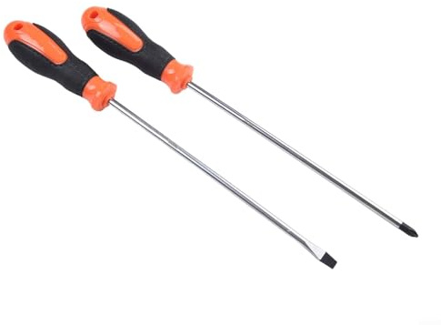 Destornillador extendido de 310 mm de largo con punta magnética para zonas de difícil acceso, cabeza ranurada y cruzada, acero al cromo vanadio con Ru (juego de 2 piezas)