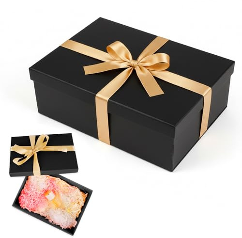 Geschenkbox mit Deckel,25x18x8.5cm Geschenk Box mit Schleife, Falt Karton Geschenkschachtel,Geschenkverpackung für Geburtstag,Hochzeit,Muttertag,Ostern (Schwarz)