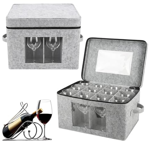 ANTREATU 2 Pack Felt Wine Glass Storage Box with Dividers - Holds 12 Glasses, PVC View Window & Handles Hard Shell Stackable Wine Pack Box for Moving Crystal Glassware Protection
