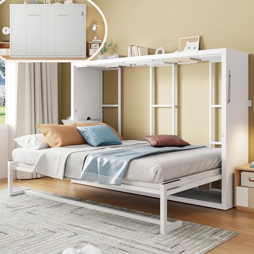 Schrankbett 140x200, Metallrahmen Wandbett mit Lattenrost, Klappbett mit Schrank, Wandklappbett Murphy Bett Funktionsbett Vertikal Bettschrank mit verriegelbarer Wandbefestigung, Ohne Matratz, Weiß