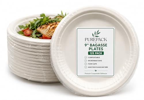 PurePack 125 Pack 9 Inch Bagasse Plates | Compostable Disposable Plates | Heavy Duty Sugarcane Fibre Plates | Microwave Safe
