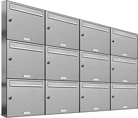 AL Briefkastensysteme 12er Briefkastenanlage Edelstahl, Premium Briefkasten DIN A4, 12 Fach Postkasten modern Aufputz