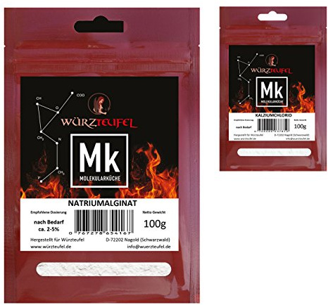 Fruchtkaviar – Sparpack. Natrium – Alginat Beutel 100g. & Kalziumchlorid (Calciumchlorid) Beutel 100g. Einfache Herstellung, hohe Viskosität.