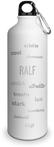 Trinkflasche mit Namen Ralf - graviert mit Positive Eigenschaften, Aluminiumflasche mit Gravur, Sportflasche - matt weiß