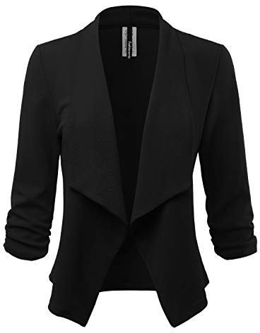 FASHIONOLIC Women's 3/4 Sleeve Blazer Open Front Cardigan Jacket Casual Work Office Blazer (Made in USA) (CLBC001) Black M
